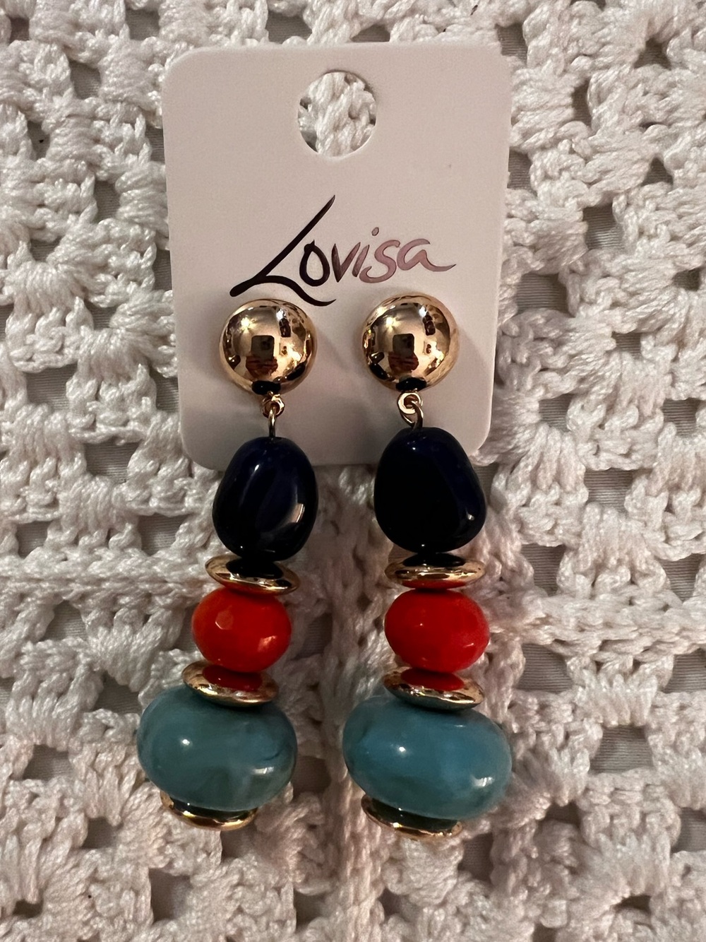 Gold-Tone Drop Earrings with Navy, Red and Aqua Beads NWT